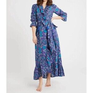Mille Simone Maxi Dress Size XS Floral Ruffle Cotton Wrap Purple Blue Floral